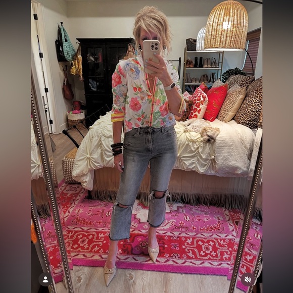 Aratta Tops - Aratta Floral Button-Up Shirt with Colorful Stripes